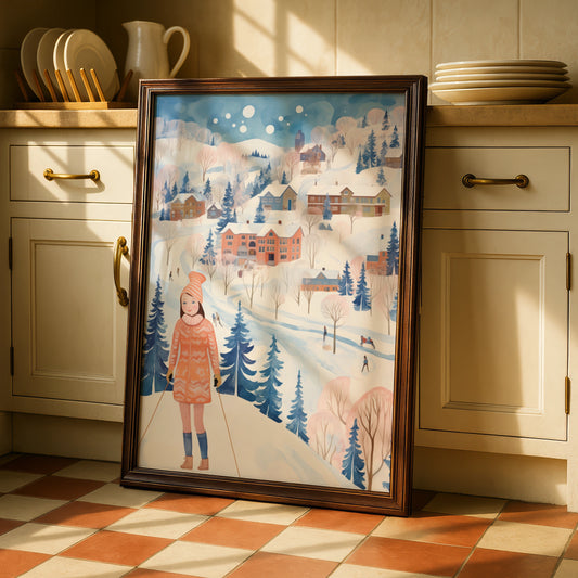 Christmas Winter Village Poster, Ski Girl Snow Scene, Festive Wall Art, Blue Pink Nordic Print