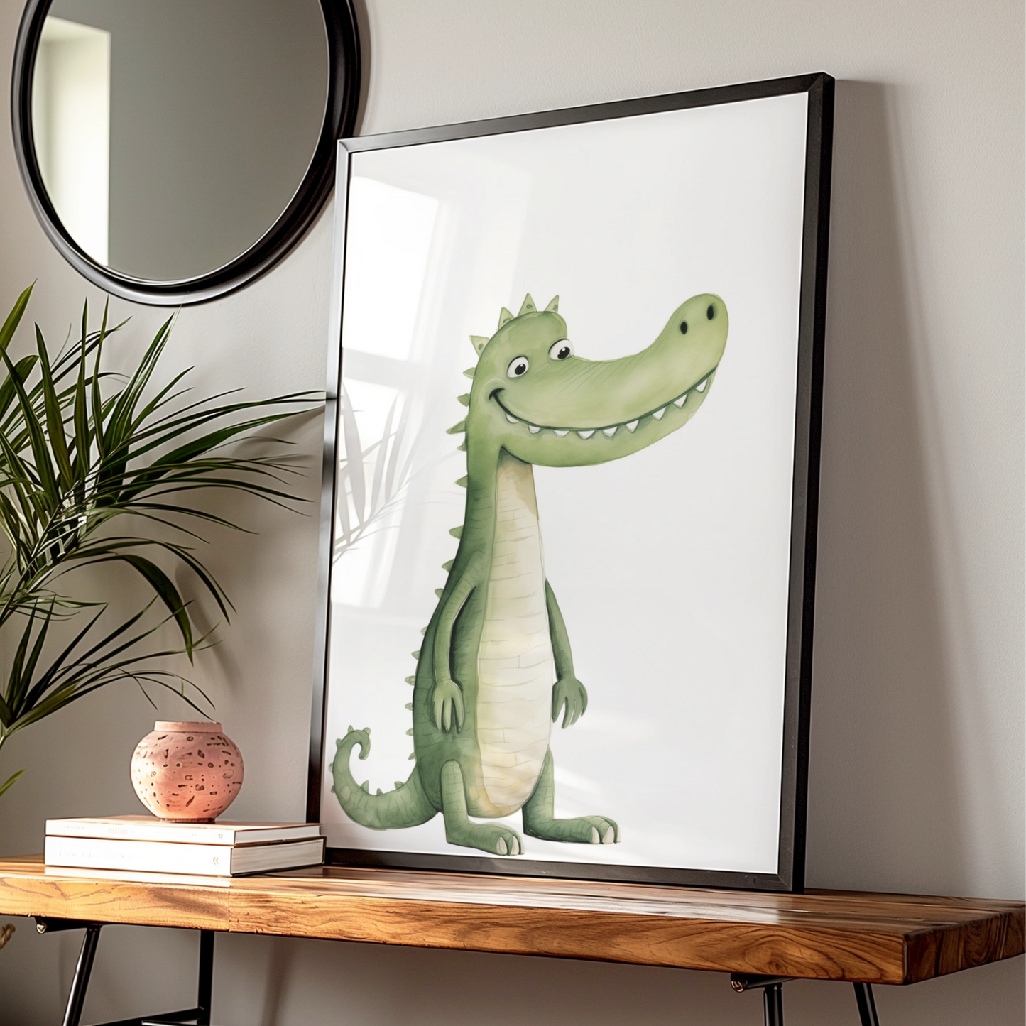 Cute Crocodile Nursery Wall Art, Watercolour Animal Print, Kids Room Poster, Green