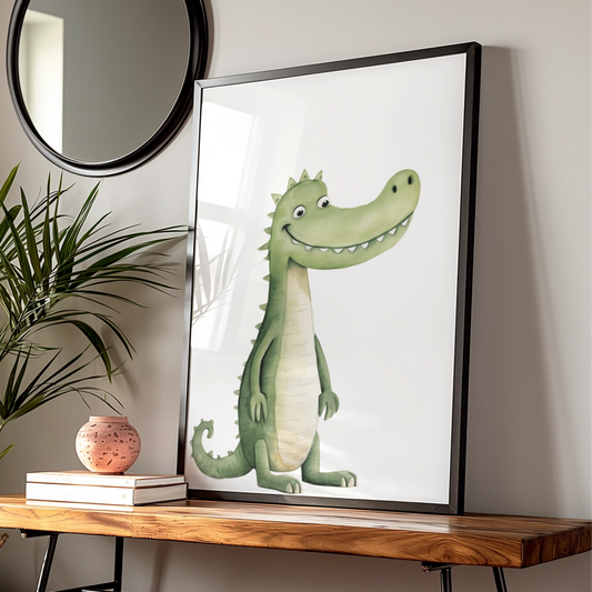 Cute Crocodile Nursery Wall Art, Watercolour Animal Print, Kids Room Poster, Green