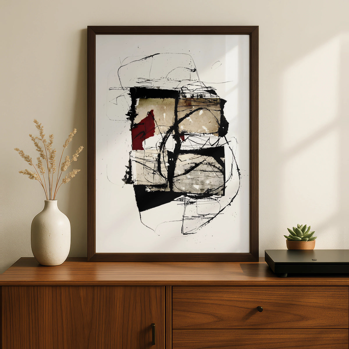 Abstract Ink Art Print, Monochrome Wall Art with Red Accent, Modern Contemporary Poster