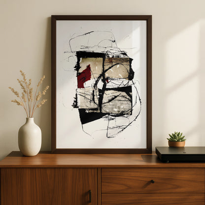 Abstract Ink Art Print, Monochrome Wall Art with Red Accent, Modern Contemporary Poster