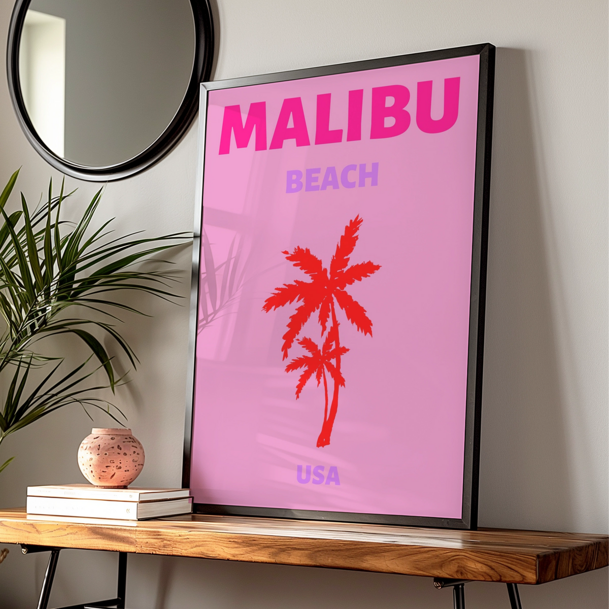 Malibu Beach Travel Poster, California Wall Art, Retro USA Palm Tree Print