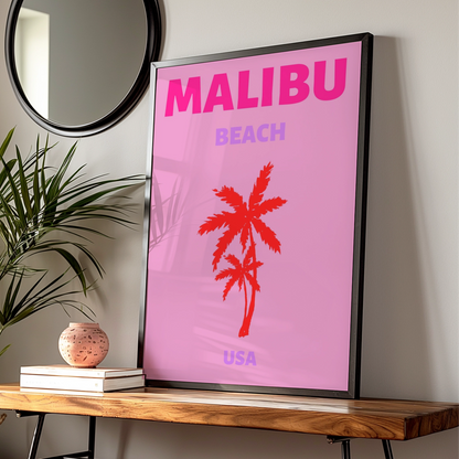 Malibu Beach Travel Poster, California Wall Art, Retro USA Palm Tree Print
