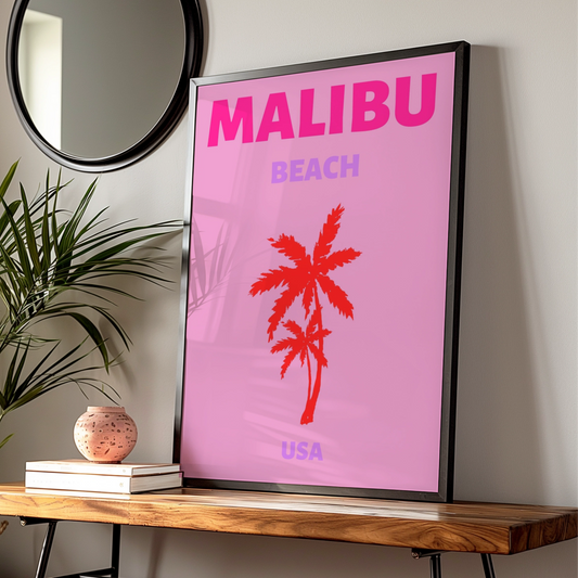 Malibu Beach Travel Poster, California Wall Art, Retro USA Palm Tree Print — Digital Download