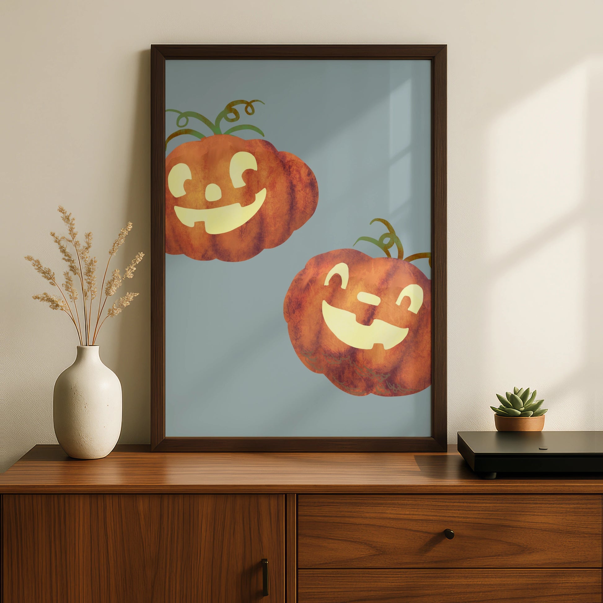 Halloween Pumpkin Wall Art, Jack O Lantern Poster, Cute Spooky Autumn Print, Orange Blue