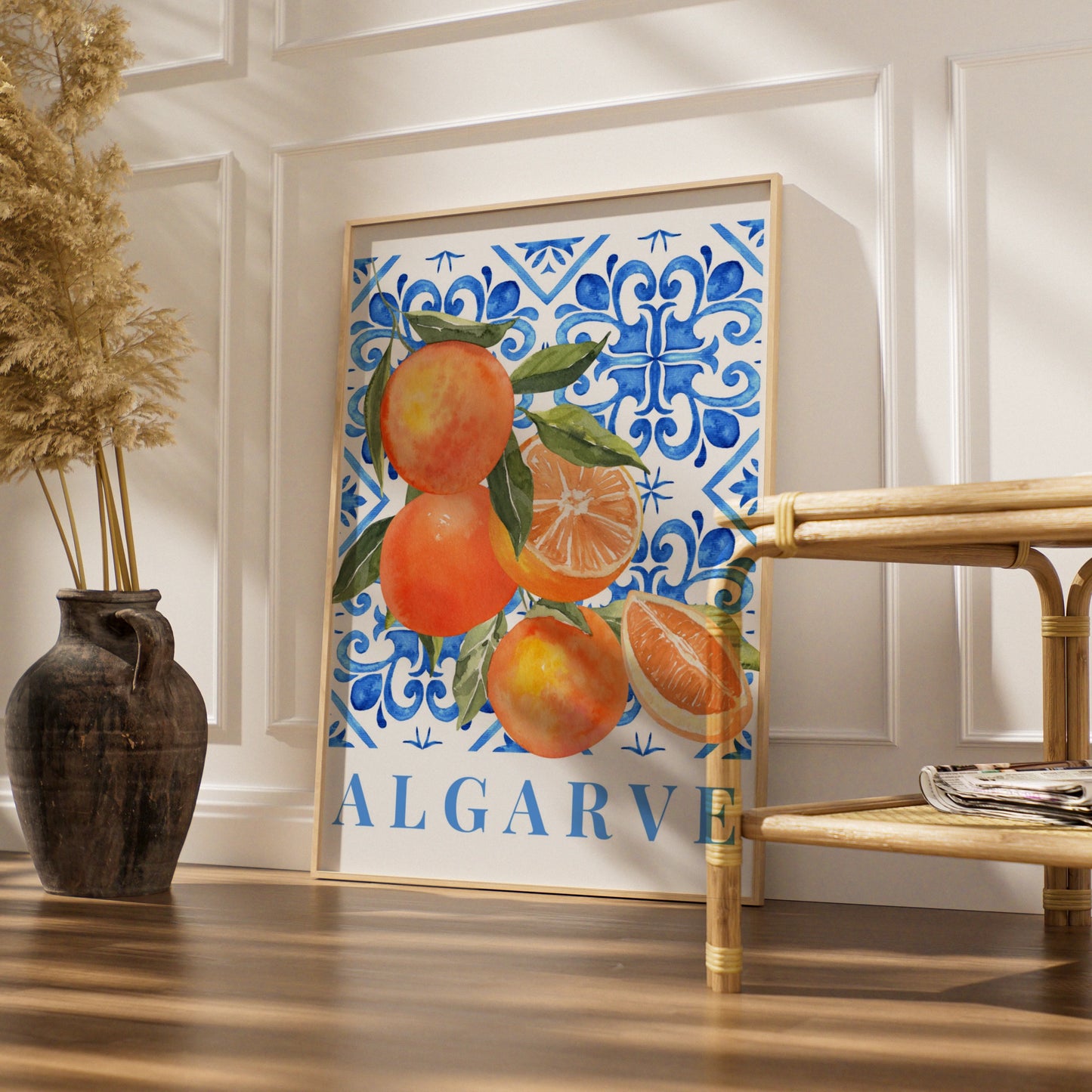 Algarve Orange Maximalist Poster, Portuguese Tile Wall Art, Blue Kitchen Print