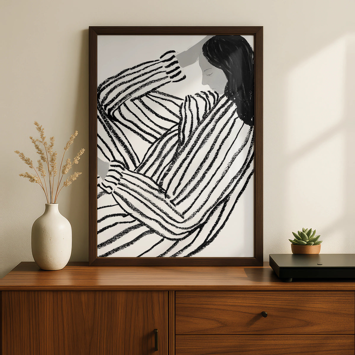 Striped Figure Woman Monochrome Wall Art, Black and White Poster, Minimalist Print