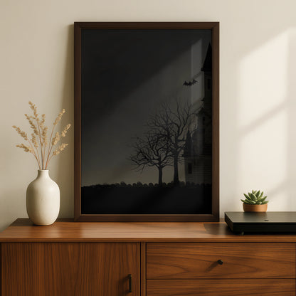 Halloween Haunted House Poster, Full Moon Bats Spooky Wall Art, Dark Gothic Print