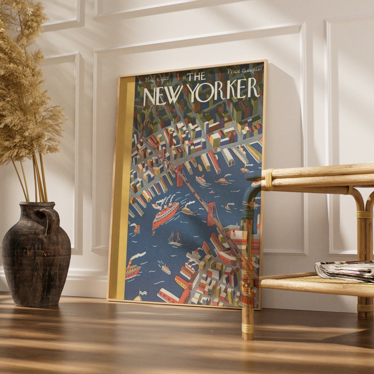 New Yorker 1929 Cover Poster, Brooklyn Bridge Aerial View, Vintage NYC Wall Art
