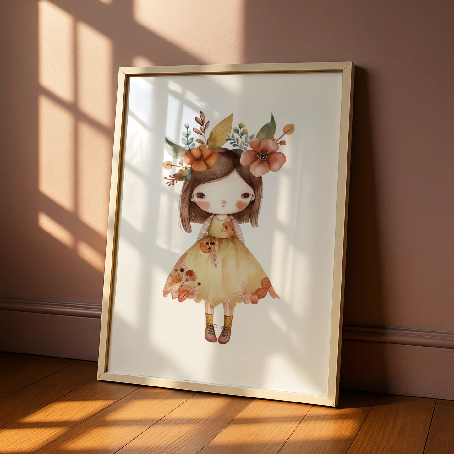 Boho Flower Girl Nursery Wall Art, Cute Girl Poster, Floral Crown Print for Baby Girls Room