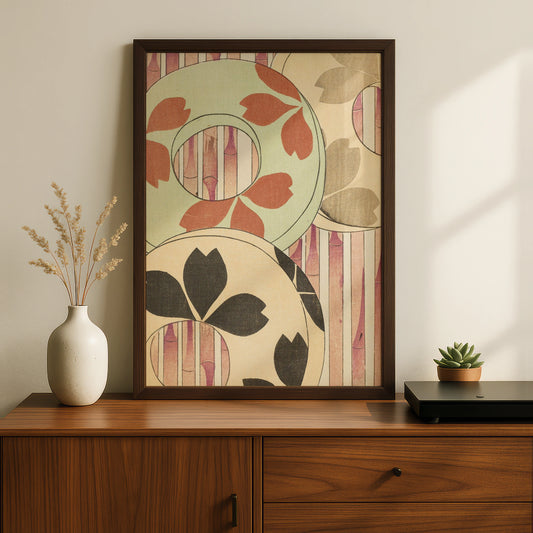 Japanese Botanical Print, Vintage Woodblock Wall Art, Floral Japandi Poster, Terracotta Sage Decor – A5 Black frame