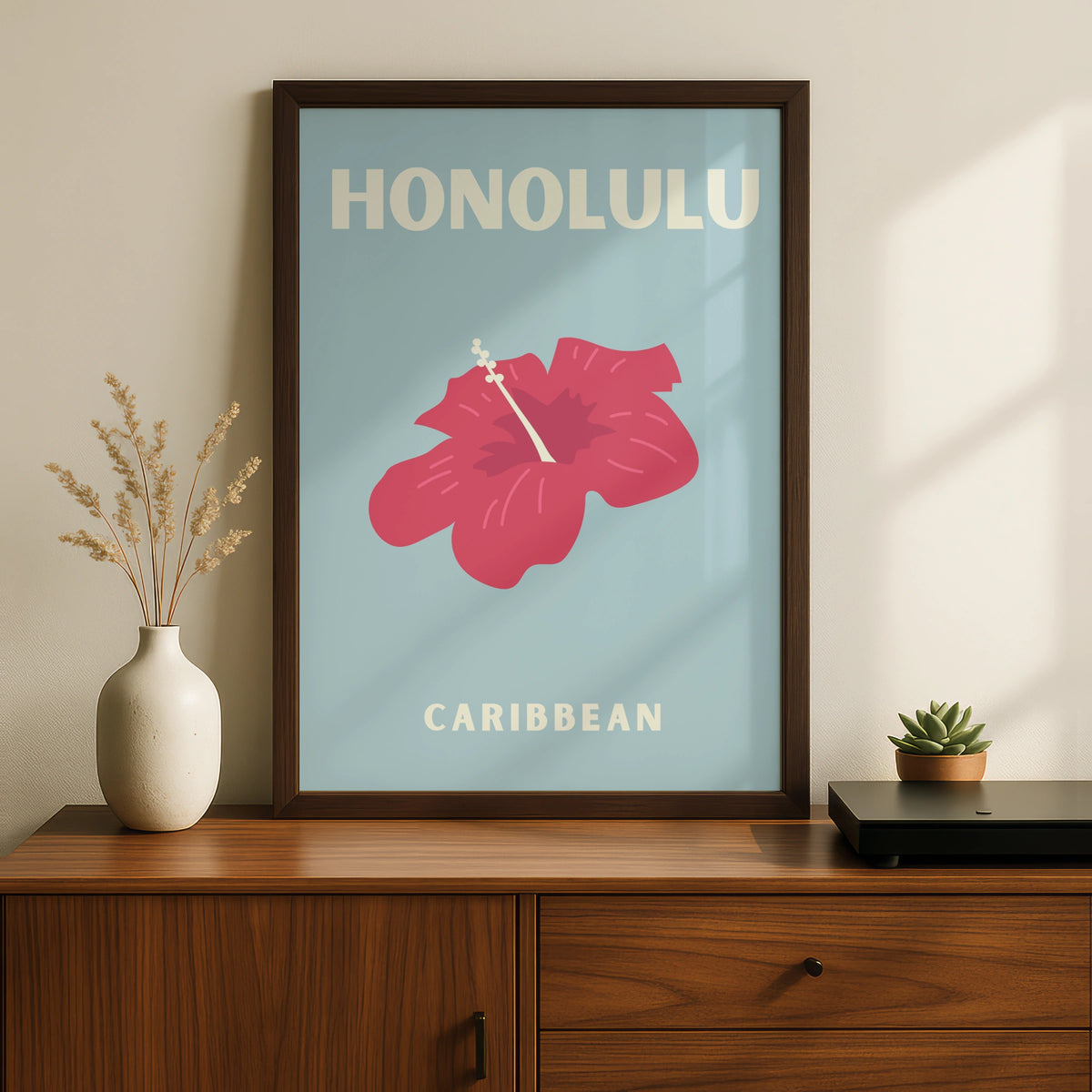 Honolulu Travel Poster, Hawaii Wall Art, Retro Hibiscus Print, Tropical Blue Decor