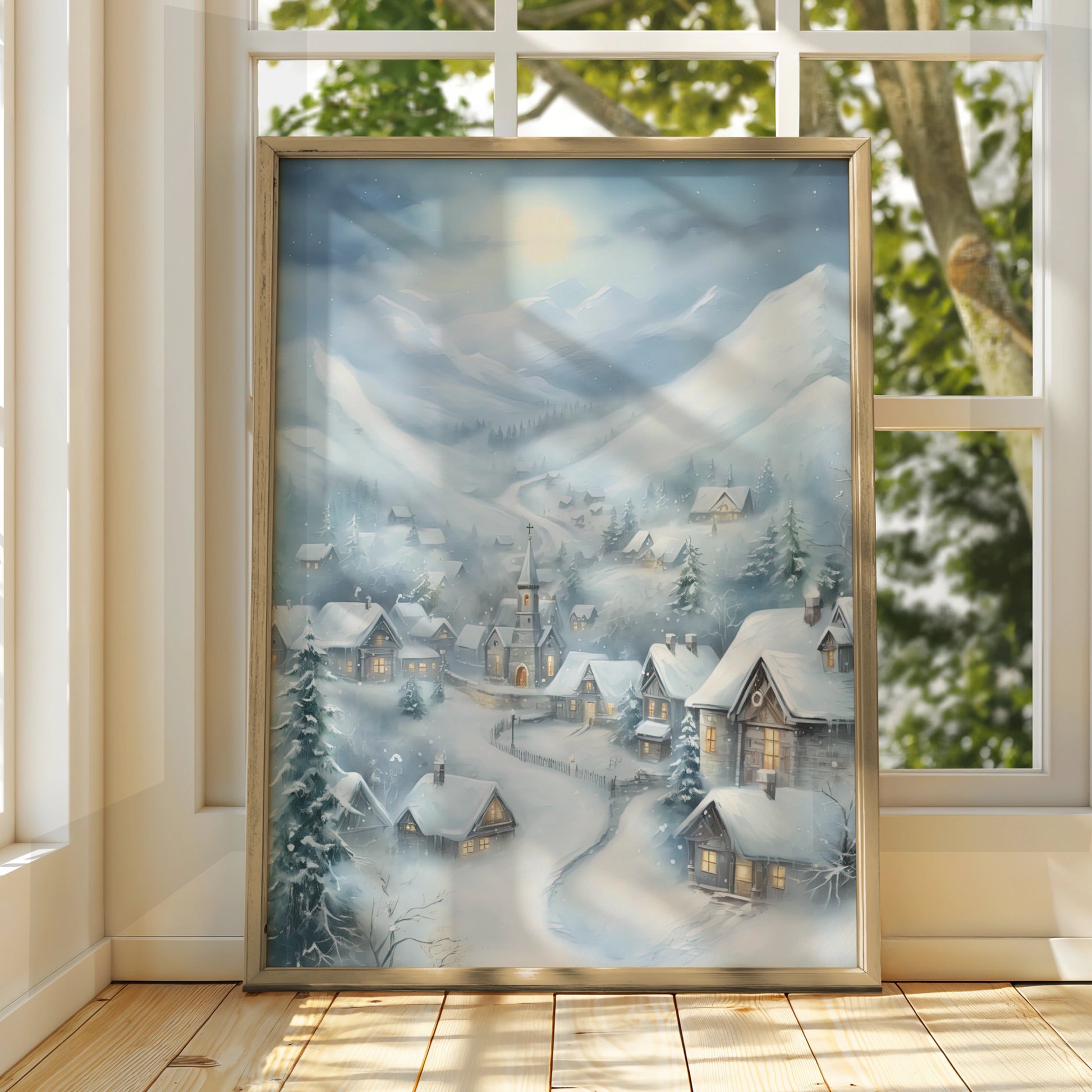 Christmas Village Poster, Snowy Winter Scene Wall Art, Festive Holiday Print, Blue Grey Cottage