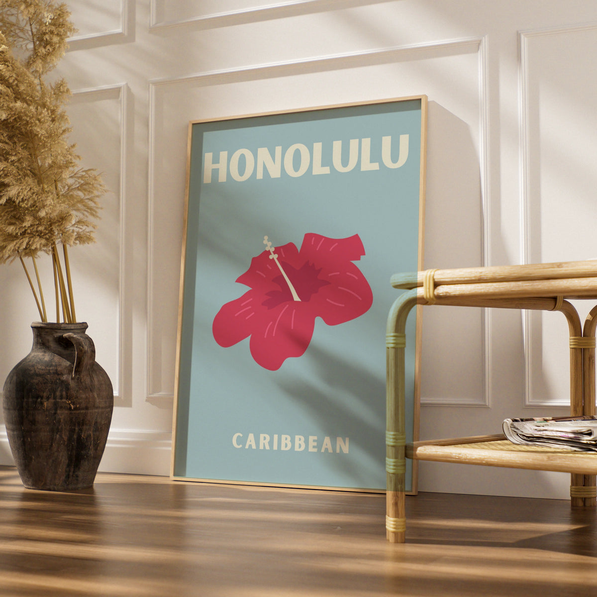 Honolulu Travel Poster, Hawaii Wall Art, Retro Hibiscus Print, Tropical Blue Decor
