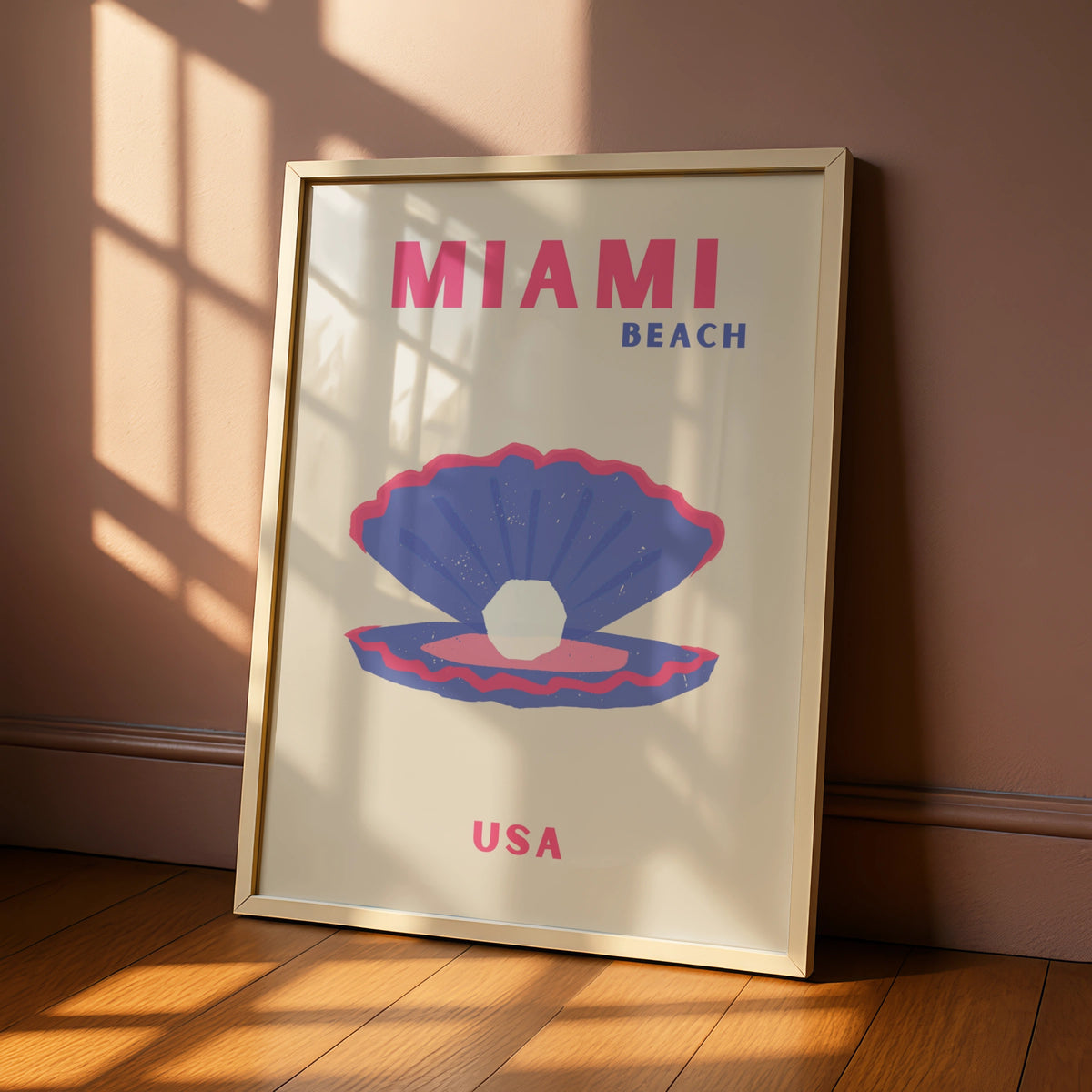 Miami Beach Travel Poster, Florida USA Retro Wall Art, Pink Blue Shell Print