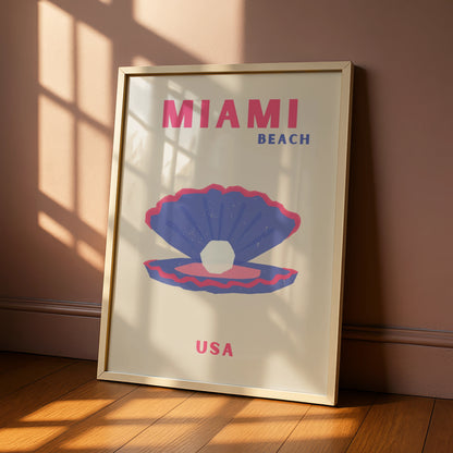 Miami Beach Travel Poster, Florida USA Retro Wall Art, Pink Blue Shell Print