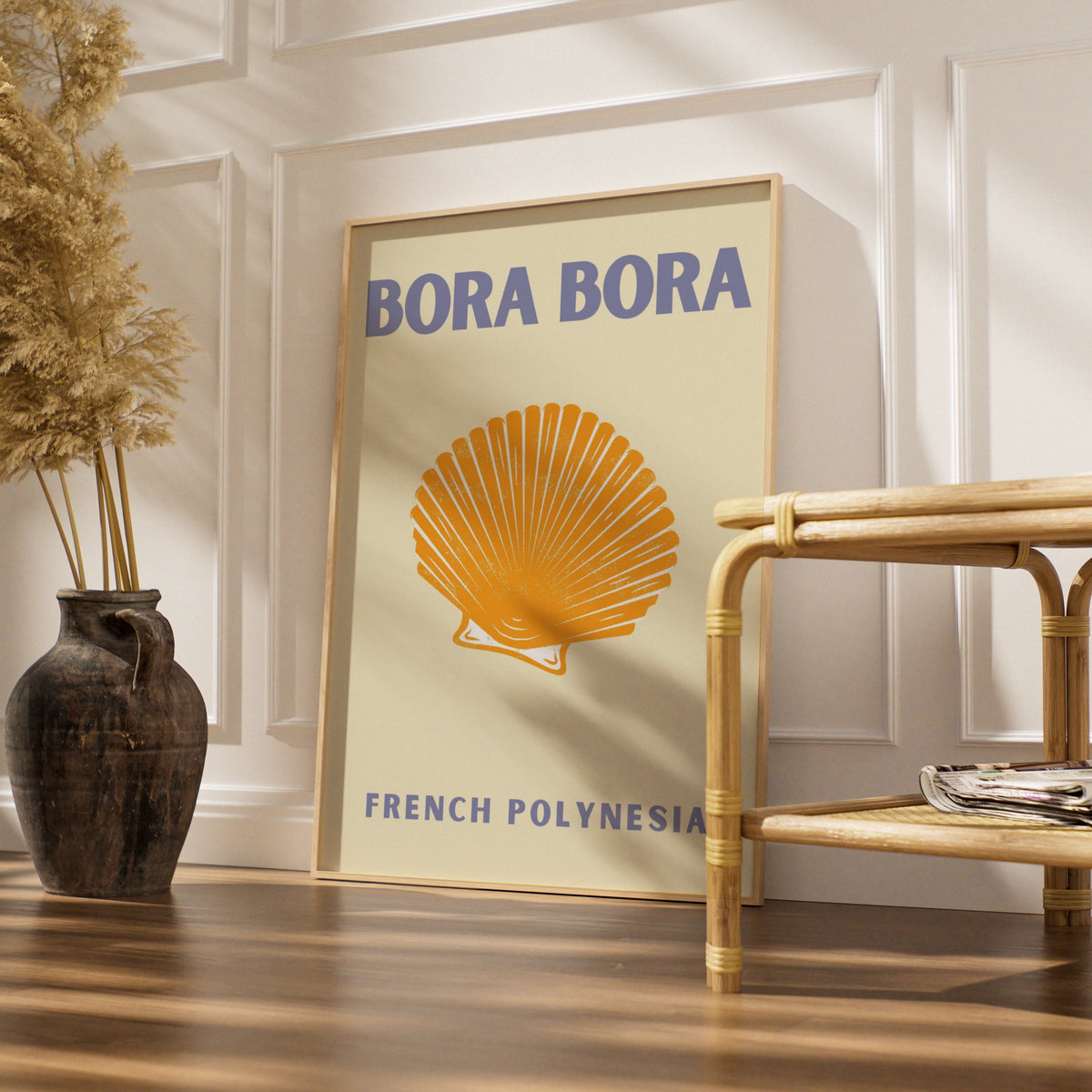 Bora Bora Travel Poster, French Polynesia Wall Art, Retro Shell Print, Coastal Decor
