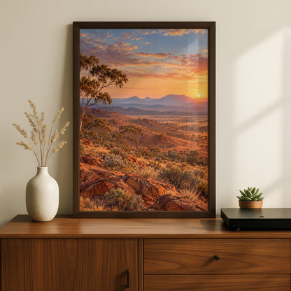 Australian Outback Sunset Landscape Print, Red Earth, Gum Tree, Outback Wall Art