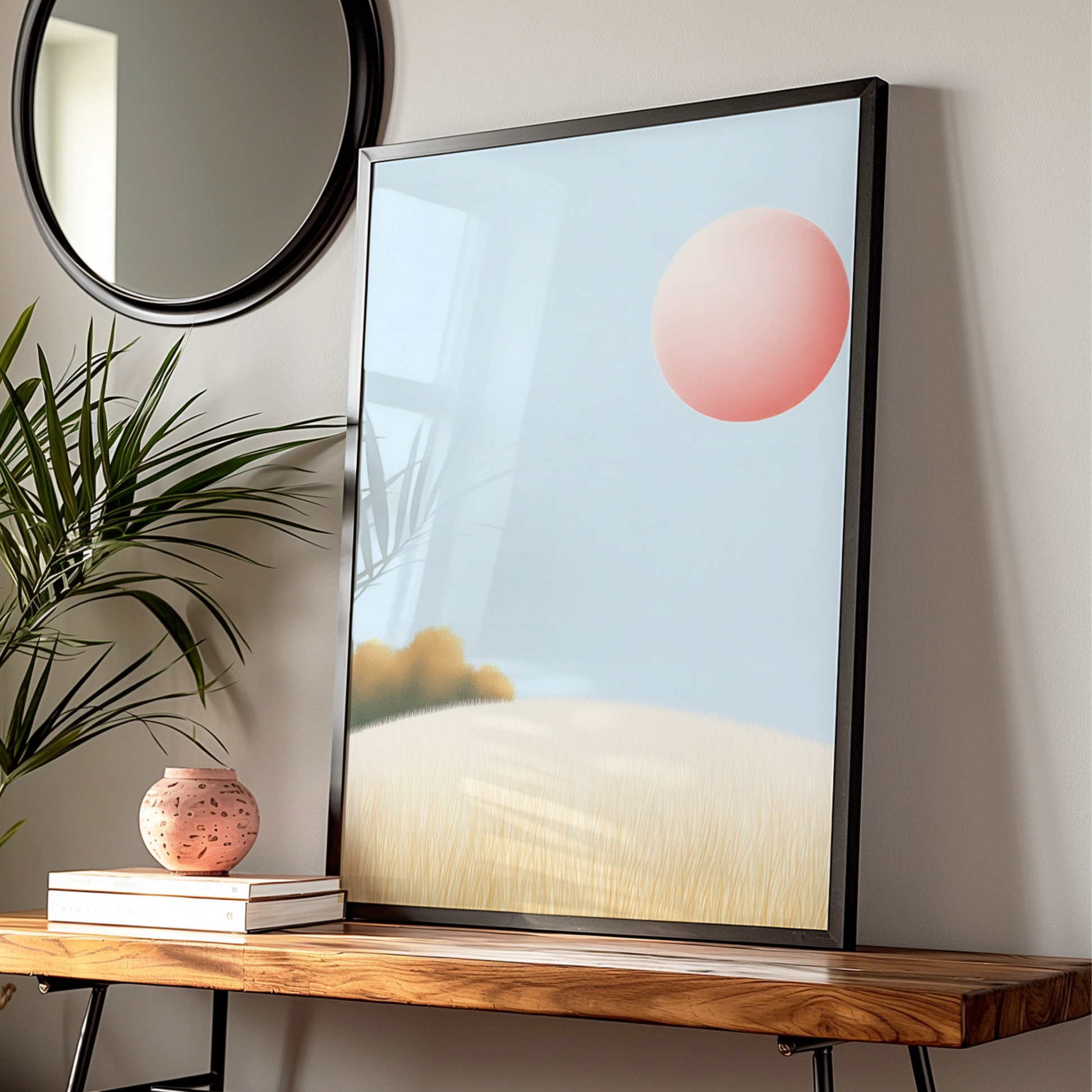Nursery Wall Art Pink Sun Landscape Print, Minimalist Pastel Poster, Baby Room Decor