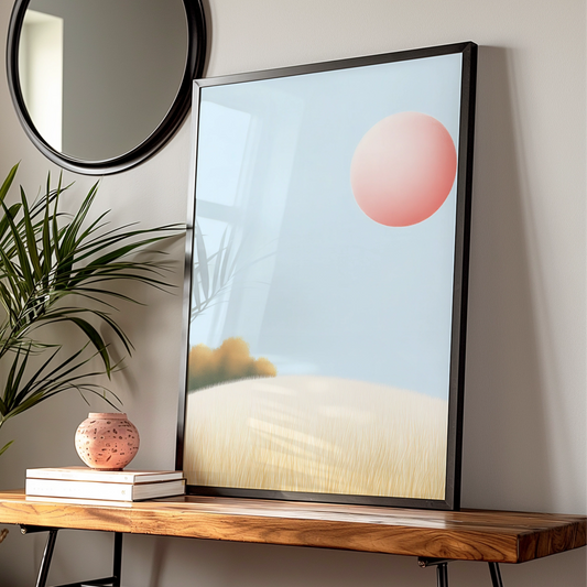 Nursery Wall Art Pink Sun Landscape Print, Minimalist Pastel Poster, Baby Room Decor