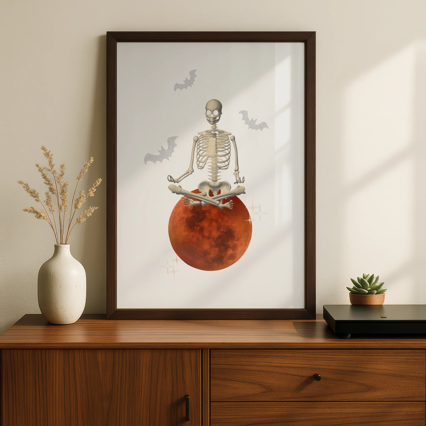 Halloween Skeleton Meditation Poster, Blood Moon Wall Art, Spooky Yoga Print, Bats Decor