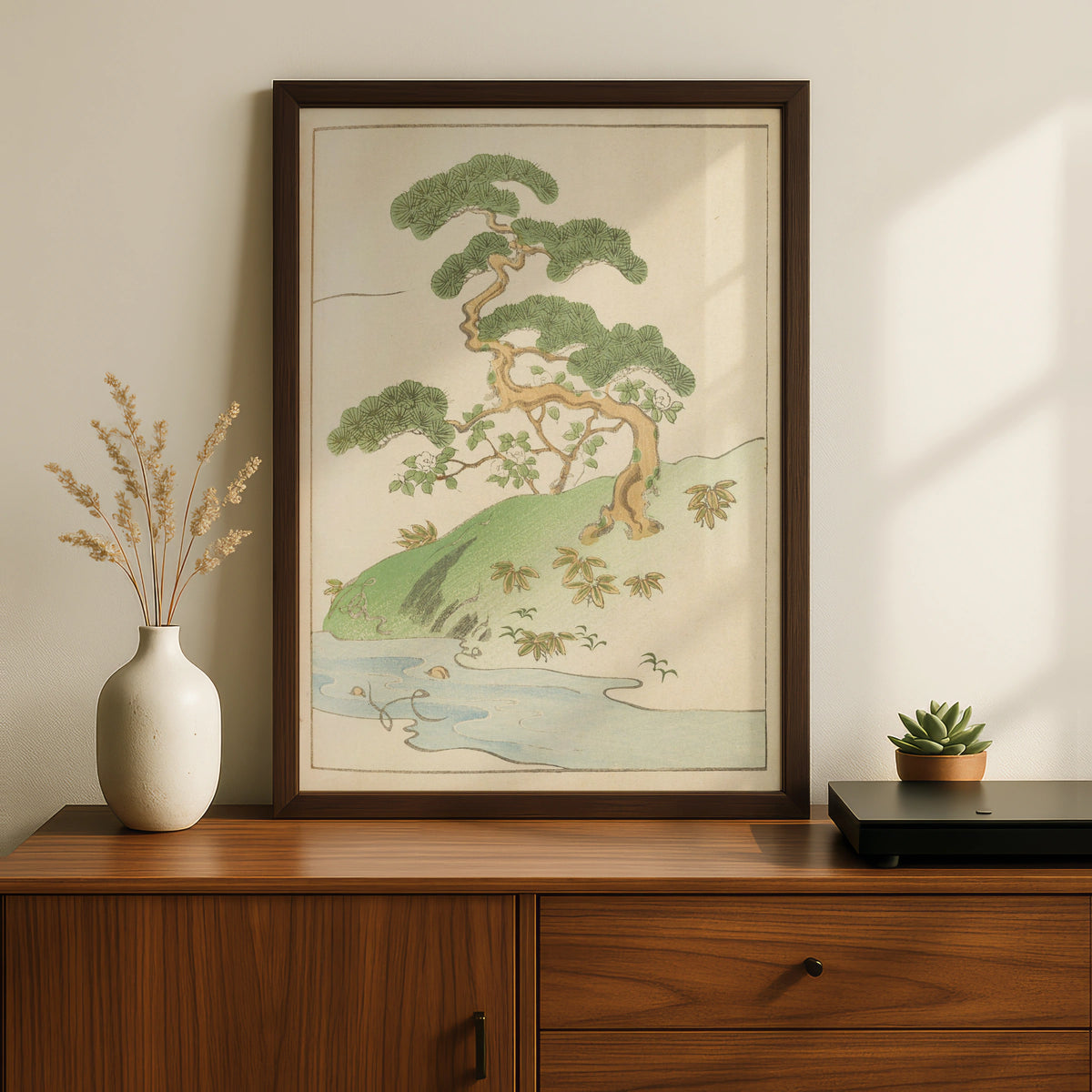 Japanese Pine Tree Woodblock Wall Art, Vintage Japandi Botanical Print, Minimalist Japanese Poster – A5 Black frame