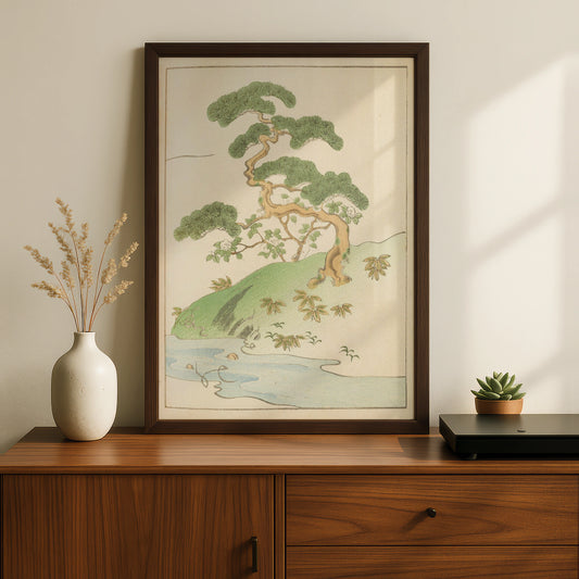 Japanese Pine Tree Woodblock Wall Art, Vintage Japandi Botanical Print, Minimalist Japanese Poster – A5 Black frame