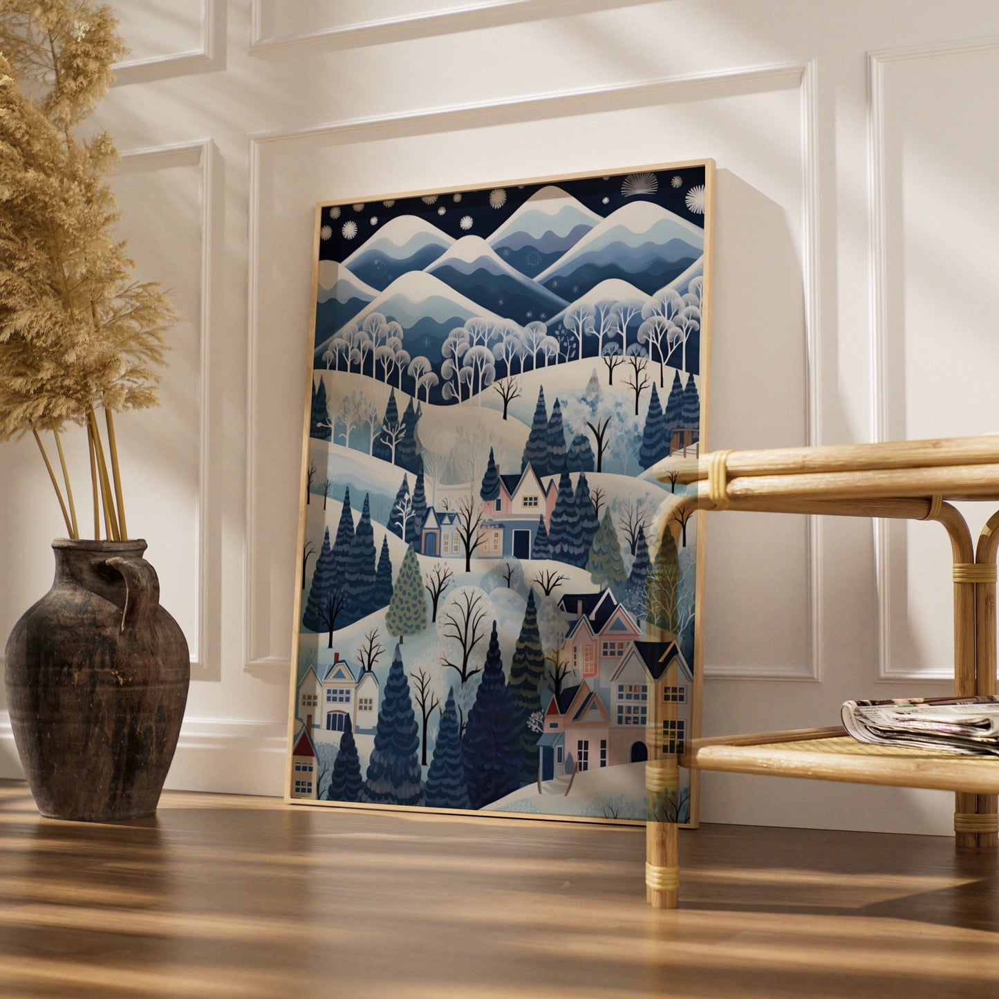 Christmas Winter Village Poster, Snowy Scene Wall Art, Blue festive Print, Holiday Home Decor