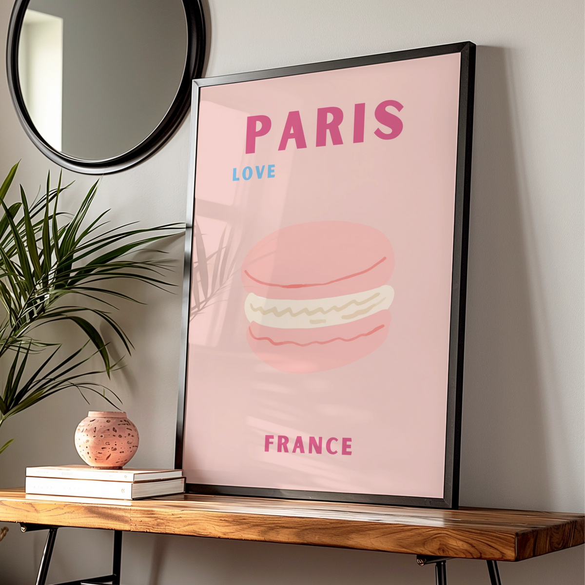 Paris France Travel Poster, French Macaron Wall Art, Retro Pink Paris Print, Kitchen Decor
