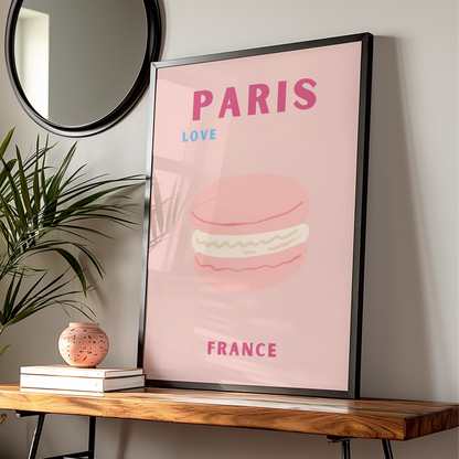 Paris France Travel Poster, French Macaron Wall Art, Retro Pink Paris Print, Kitchen Decor