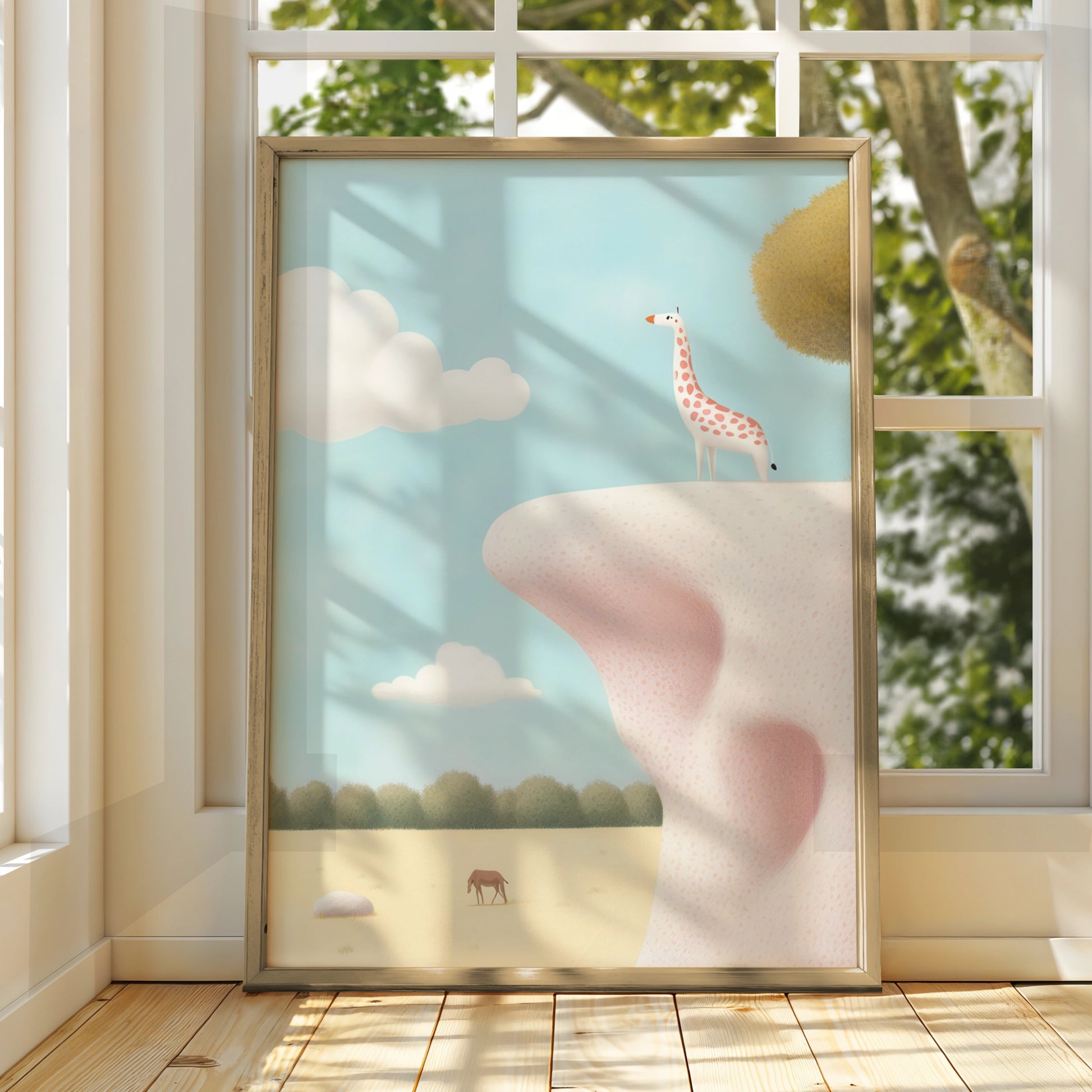 Giraffe Nursery Wall Art, Safari Animal Print, Cute Kids Room Poster, Pastel Blue Pink