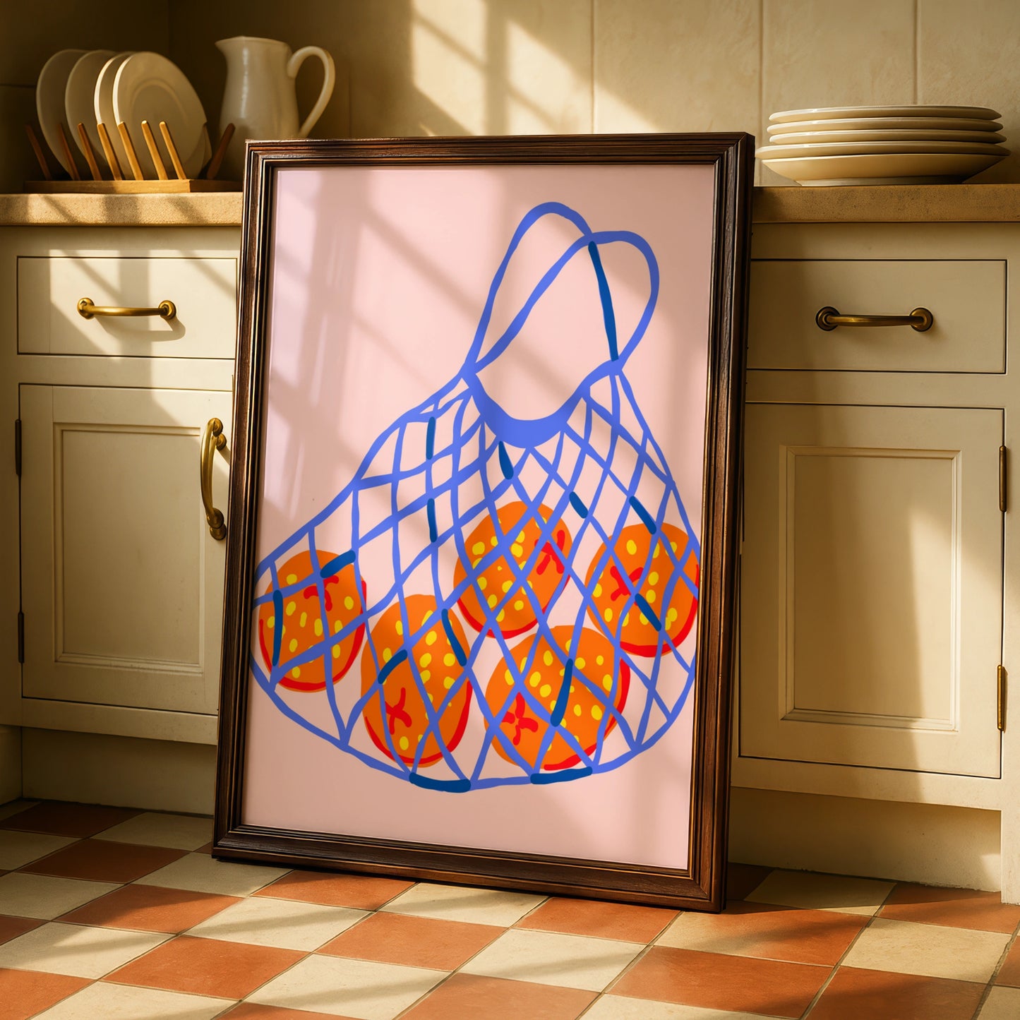 Maximalist Fruit Poster, Bold Orange Net Bag Print, Colourful Kitchen Wall Art Decor