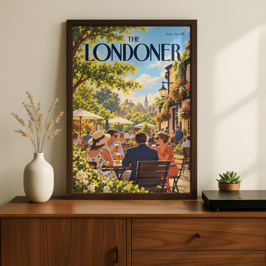 London Pub Garden Poster, Summer Beer Garden Wall Art, Vintage Magazine Cover Style Illustration