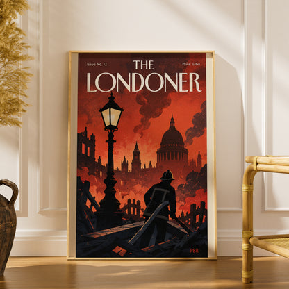 London Fire Poster, Vintage Magazine Cover Wall Art, Firefighter St Paul's Skyline Art Print