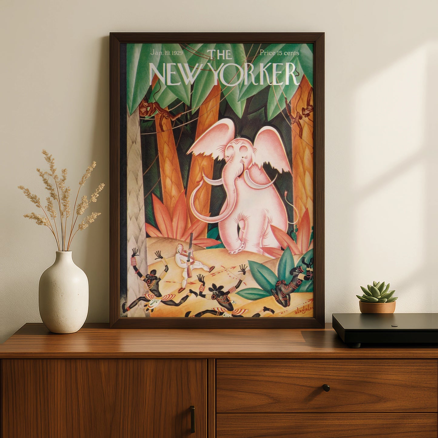 New Yorker 1929 Pink Elephant Jungle Cover Art Poster, Vintage Magazine Wall Art