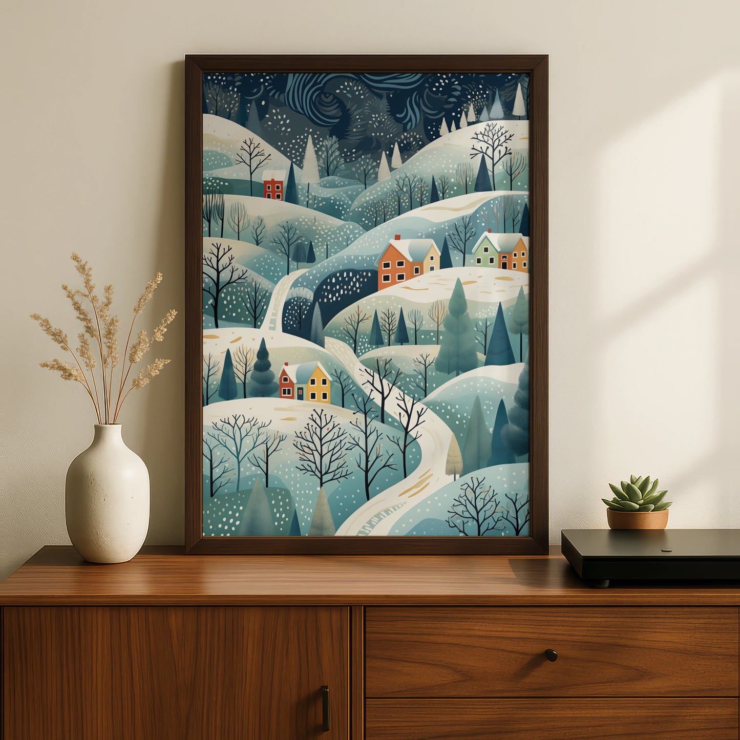 Christmas Village Poster, Snowy Winter Landscape Print, Festive Holiday Wall Art, Scandi Xmas Decor