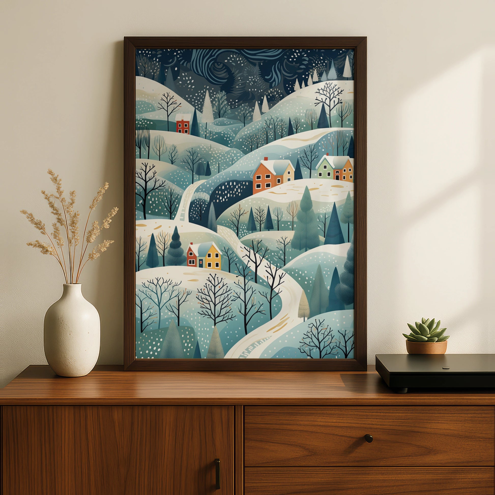 Christmas Village Poster, Snowy Winter Landscape Print, Festive Holiday Wall Art, Scandi Xmas Decor