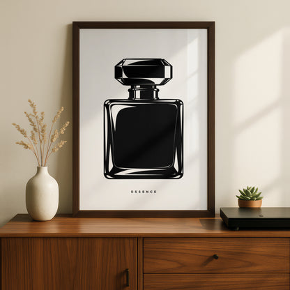 Perfume Bottle Print, Monochrome Wall Art, Minimalist Black White Poster, Essence Typography