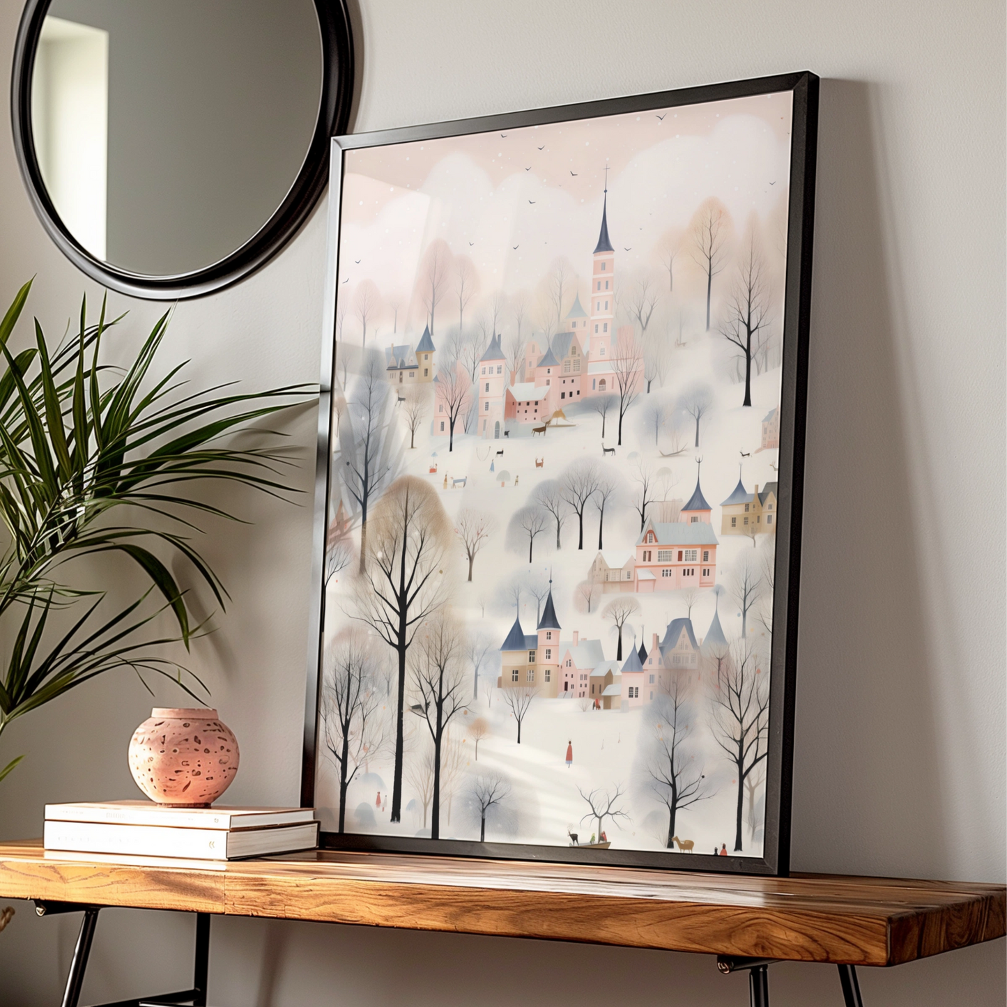 Christmas Village Poster, Snowy Winter Town Wall Art, Pastel Pink Festive Print, Whimsical Holiday