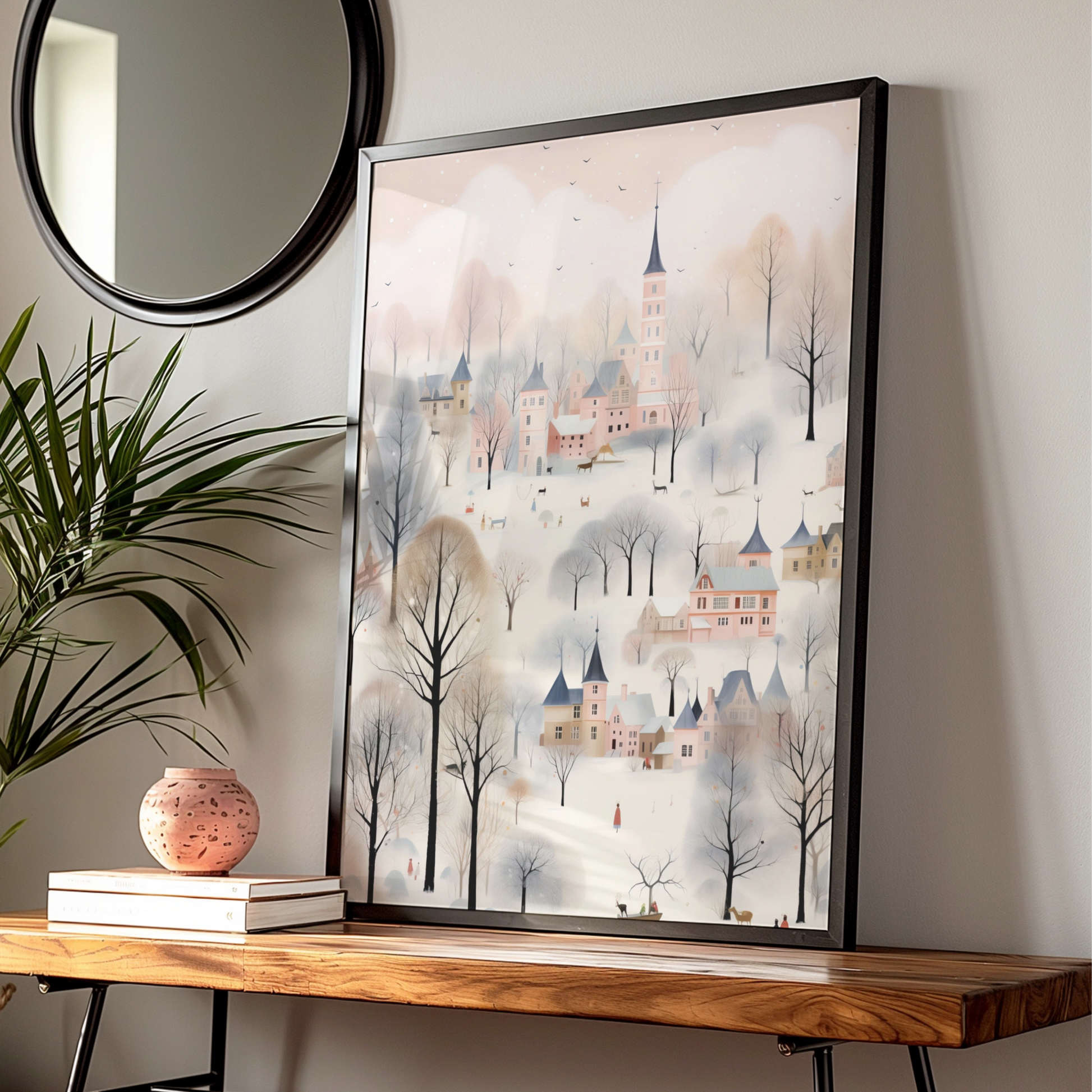 Christmas Village Poster, Snowy Winter Town Wall Art, Pastel Pink Festive Print, Whimsical Holiday