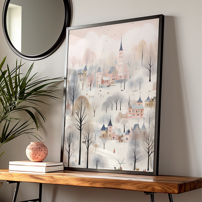 Christmas Village Poster, Snowy Winter Town Wall Art, Pastel Pink Festive Print, Whimsical Holiday