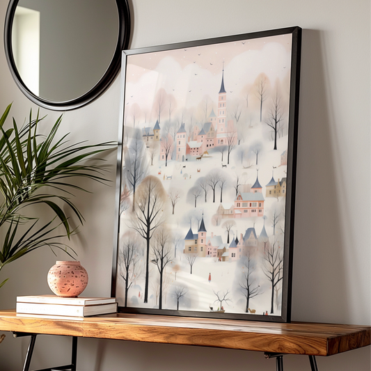 Christmas Village Poster, Snowy Winter Town Wall Art, Pastel Pink Festive Print, Whimsical Holiday