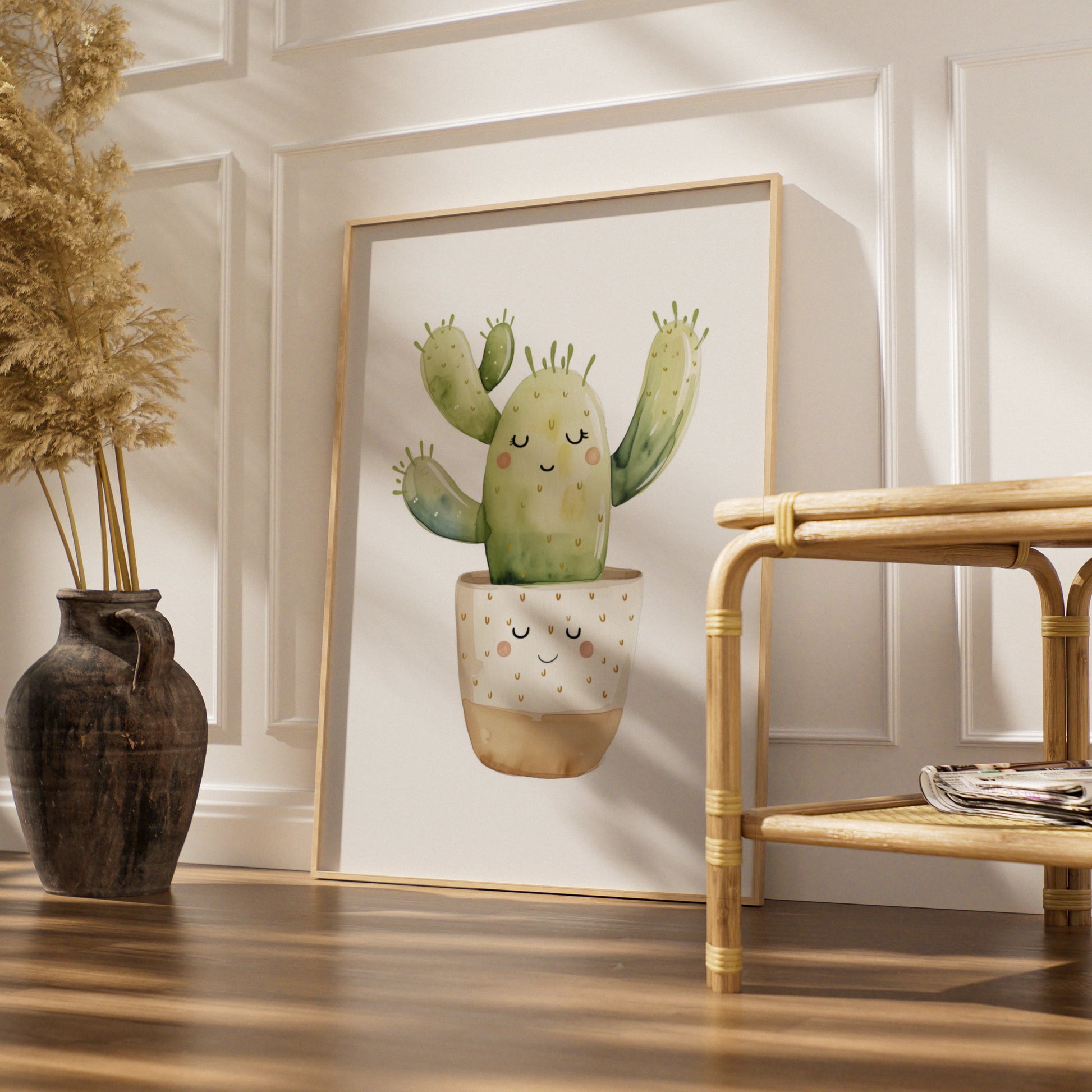 Cute Cactus Nursery Wall Art, Kawaii Watercolour Plant Poster, Kids Room Green Decor Print