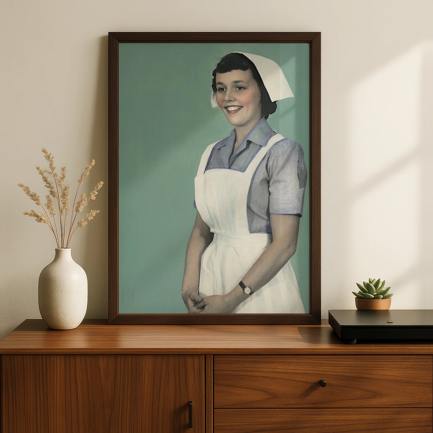 Vintage Nurse Portrait Poster, Retro Halloween Costume Wall Art, 1950s Teal Print
