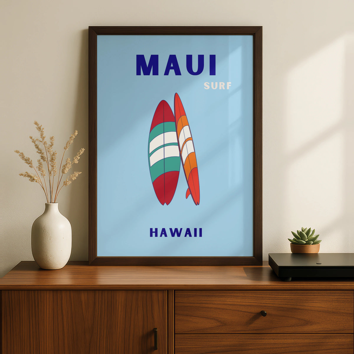 Maui Hawaii Surf Travel Poster, Retro Surfboard Wall Art, Hawaiian Beach Print