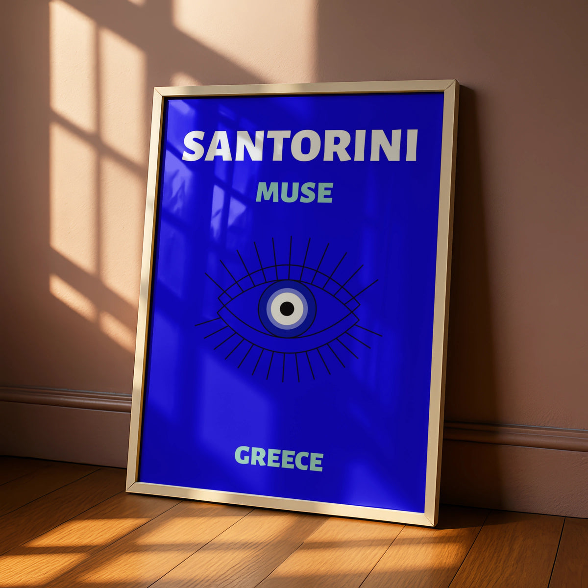 Santorini Greece Travel Poster, Evil Eye Wall Art, Greek Island Print, Blue Retro Decor