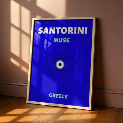 Santorini Greece Travel Poster, Evil Eye Wall Art, Greek Island Print, Blue Retro Decor