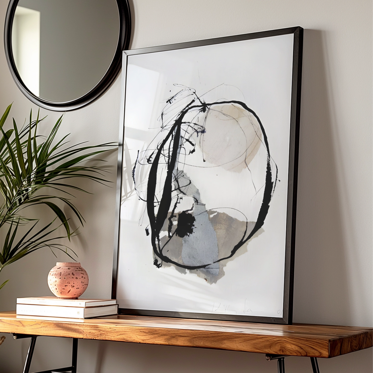 Modern Monochrome Abstract Print, Black White Ink Circle Art, Minimalist Wall Decor Poster