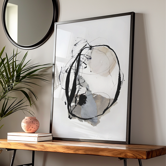 Modern Monochrome Abstract Print, Black White Ink Circle Art, Minimalist Wall Decor Poster
