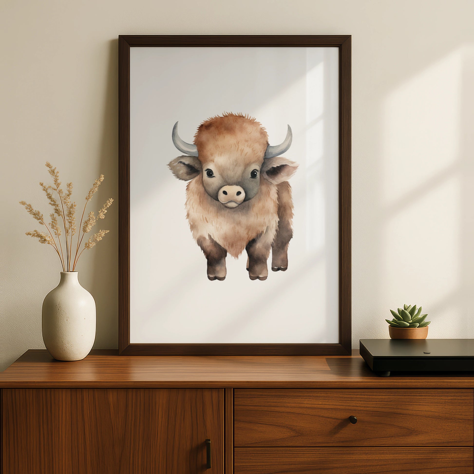 Baby Bison Nursery Wall Art, Watercolour Buffalo Print, Kids Room Animal Poster
